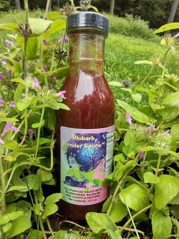 BLUBARB WONDER SAUCE™ - All-purpose sauce to replace ketchup and BBQ sauce. Based on local rhubarb and wild blueberries, with a mild chipotle finish. Refrigerate after opening. 12 fl oz.